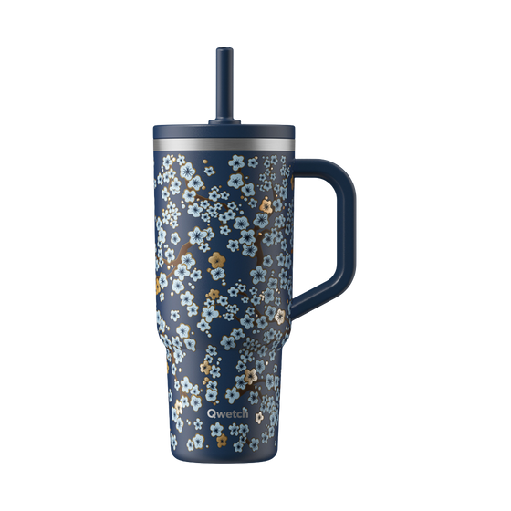 Travel Cup isotherme bouchon étanche - Flowers Bleu Nuit
